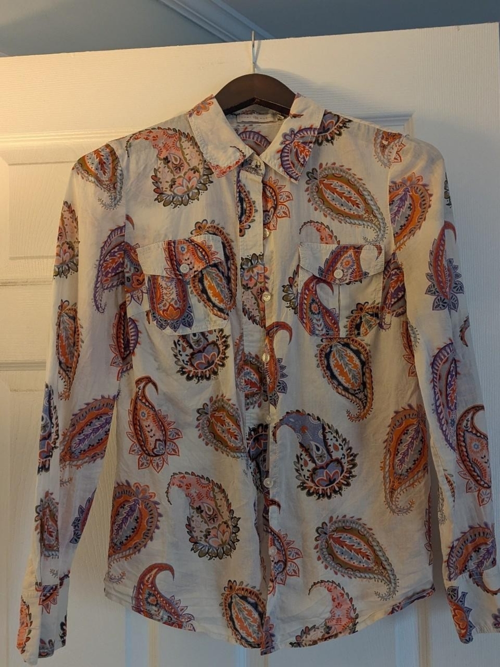Tory Burch White Shirt with Orange & Purple Paisley